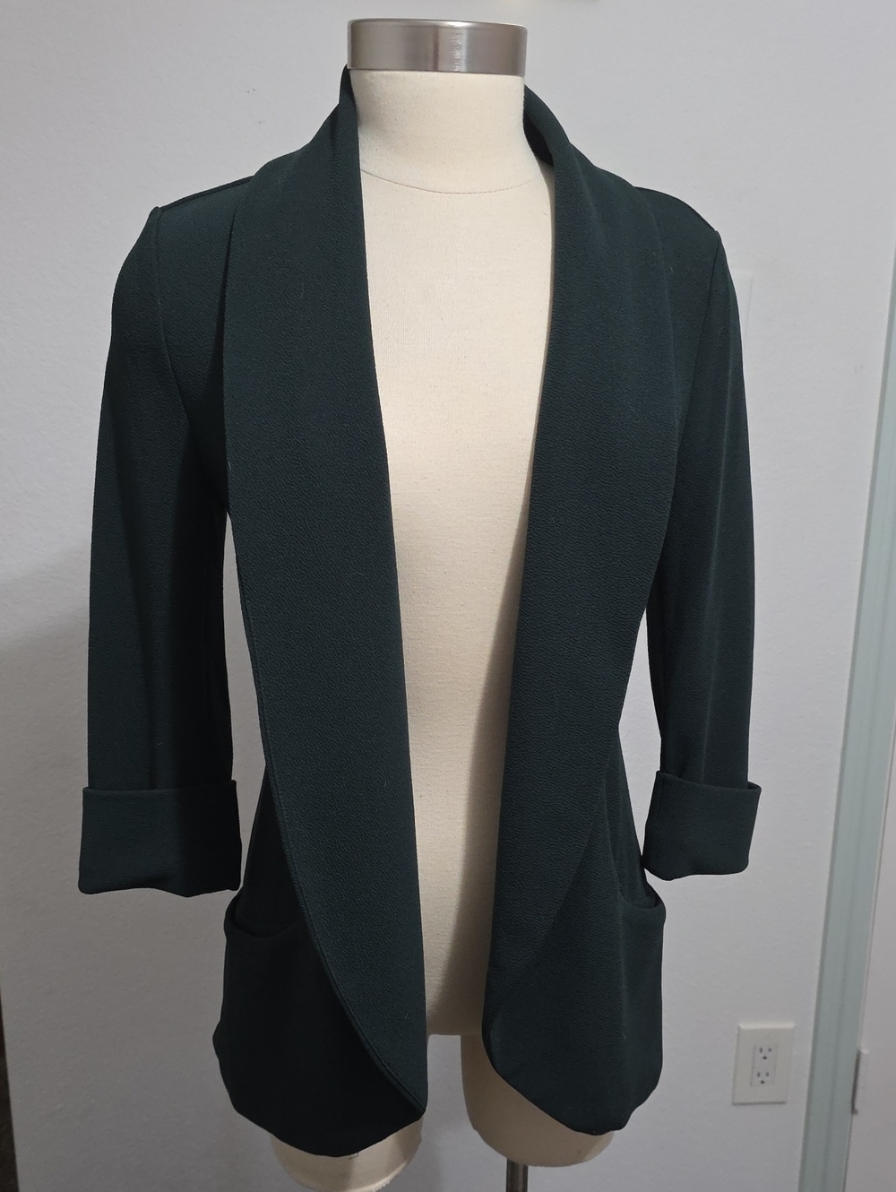 French Mauve Open-Front Dark Green Drapey Blazer